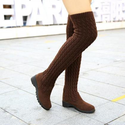 Brown Knitted Wool High Barrel Flat Bottomed Over..