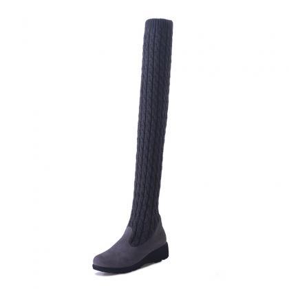 Gray Knitted Wool High Barrel Flat Bottomed Over..