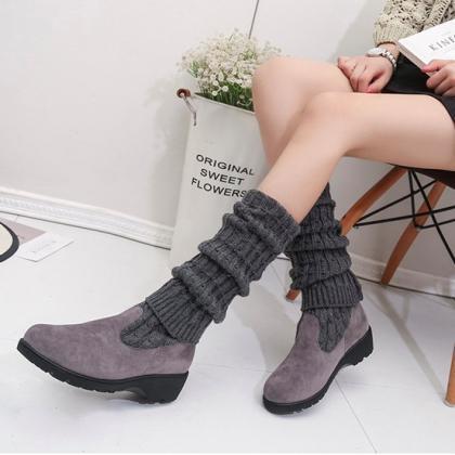 Gray Knitted Wool High Barrel Flat Bottomed Over..