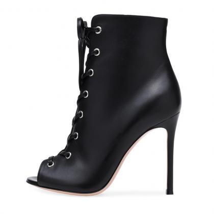 Black(pu) Ultra High Heel Fish Mouth Lace Up Boots