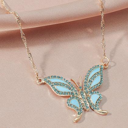 Blue Diamond Butterfly Pendant Necklace