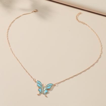 Blue Diamond Butterfly Pendant Necklace