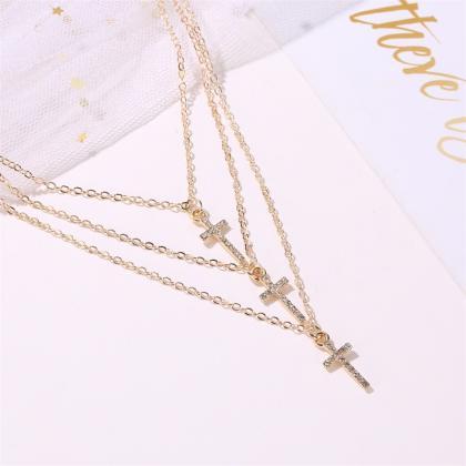 Diamond Inlaid Multilayer Cross Necklace