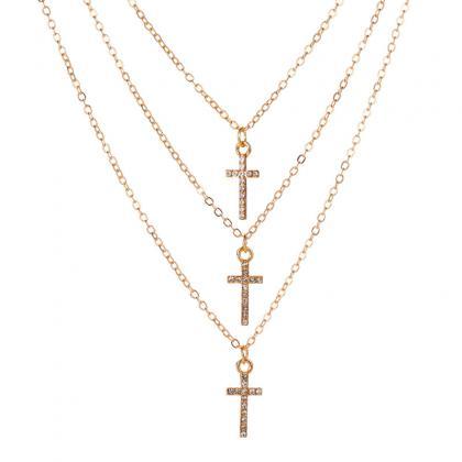 Diamond Inlaid Multilayer Cross Necklace