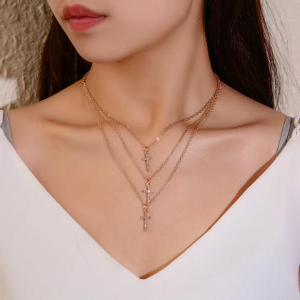 Diamond Inlaid Multi-layer Cross Necklace With..