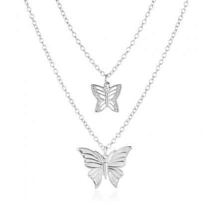 Silvery Fashion Double Layer Butterfly Necklace