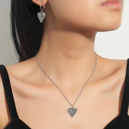 Love Necklace Earring Set Metal Hollow Peach Heart..