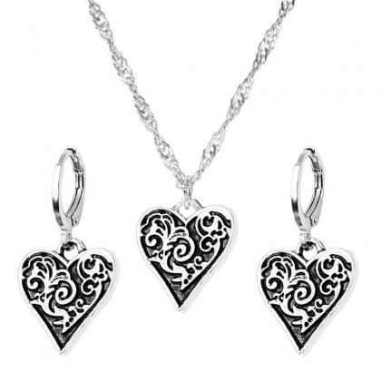 Love Necklace Earring Set Metal Hollow Peach Heart..