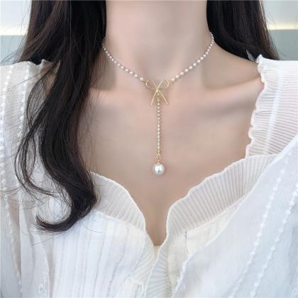 Bow Pearl Necklace Clavicle Chain