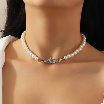 Silvery Fashion Necklace Pearl Necklace Diamond..