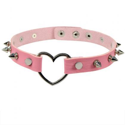 Pink Pointed Rivet Leather Collar Peach Heart Love..