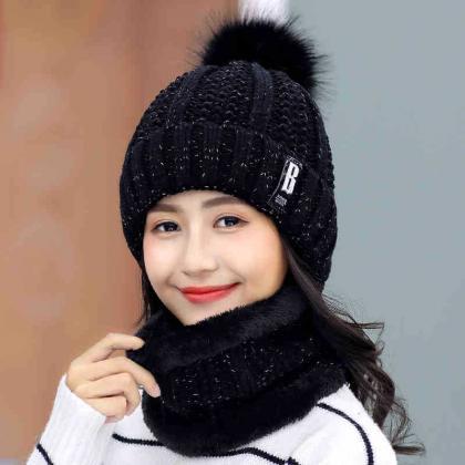Black Plush Wool Hat Autumn Winter Knitted Warm..