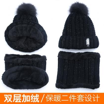 Black Plush Wool Hat Autumn Winter Knitted Warm..