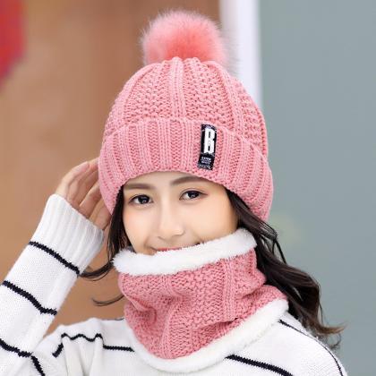 Pink Plush Wool Hat Autumn Winter Knitted Warm Hat