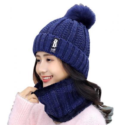 Navy Blue Plush Wool Hat Autumn Winter Knitted..