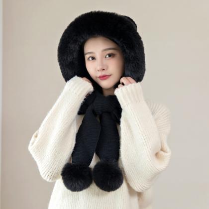 Black Plush Warm Knitted Wool Hat Autumn And..