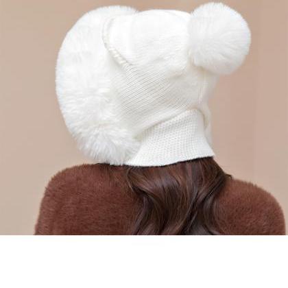 White Plush Warm Knitted Wool Hat Autumn And..