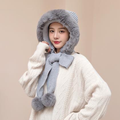 Gray Plush Warm Knitted Wool Hat Autumn And Winter..