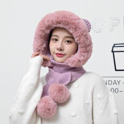 Pink Plush Warm Knitted Wool Hat Autumn And Winter..