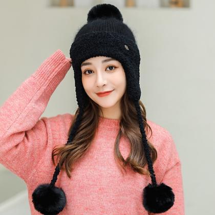 Black Winter Thickened Knitted Wool Cap Ear..