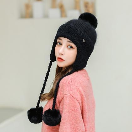 Black Winter Thickened Knitted Wool Cap Ear..