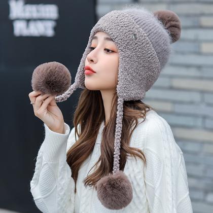 Gray Brown Winter Thickened Knitted Wool Cap Ear..