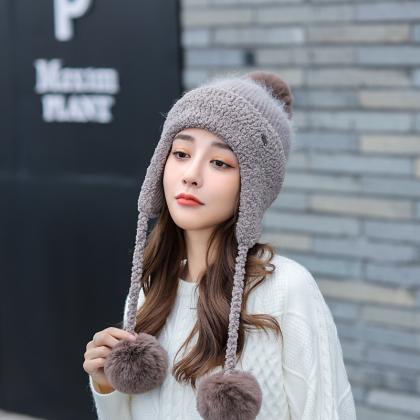 Gray Brown Winter Thickened Knitted Wool Cap Ear..