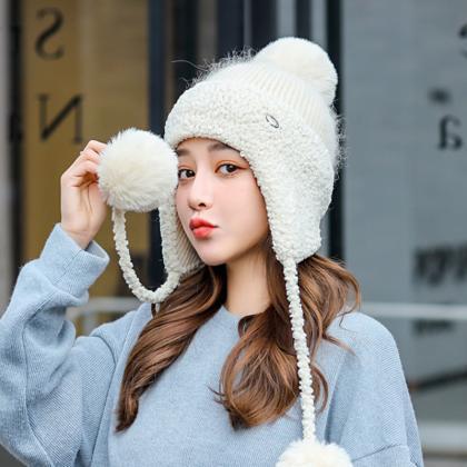 White Winter Thickened Knitted Wool Cap Ear..