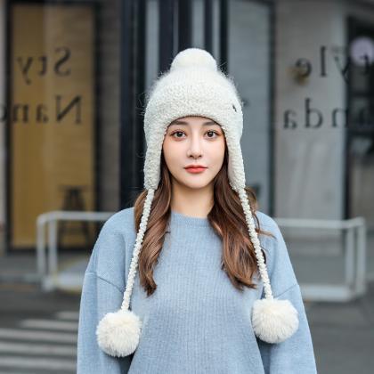 White Winter Thickened Knitted Wool Cap Ear..