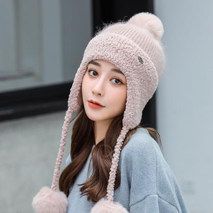 Light Pink Winter Thickened Knitted Wool Cap Ear..