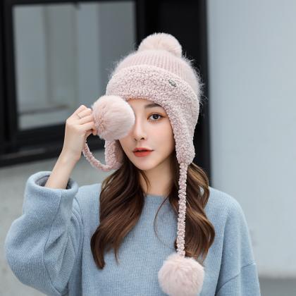 Light Pink Winter Thickened Knitted Wool Cap Ear..