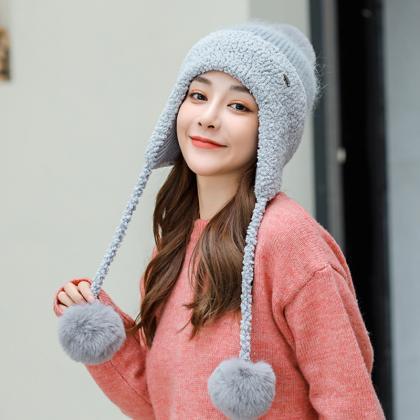 Gray Thickened Knitted Wool Cap Ear Protection Cap
