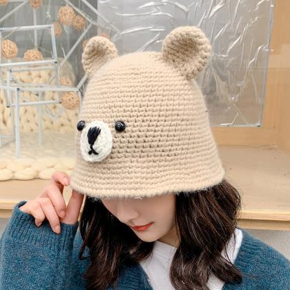 Beige Little Bear Ear Knitted Wool Hat Warm Hat