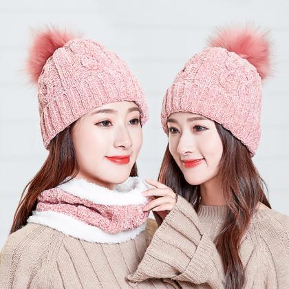 Pink Versatile Chenille Knitted Wool Hat