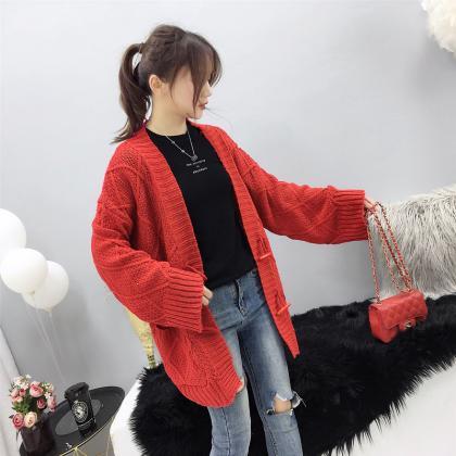 Red Cable Knit Solid Pockets Loose Dropped..