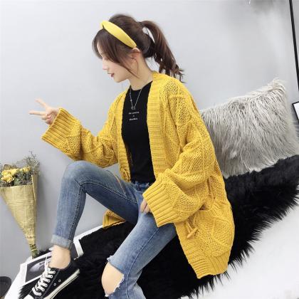 Yellow Cable Knit Solid Pockets Loose Dropped..