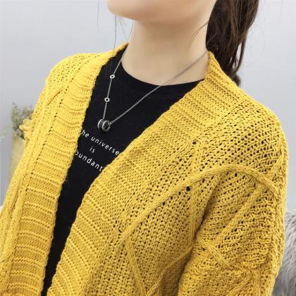 Yellow Cable Knit Solid Pockets Loose Dropped..