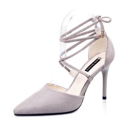 Gray Suede Pointed Cross Tie Bow High-heeled..