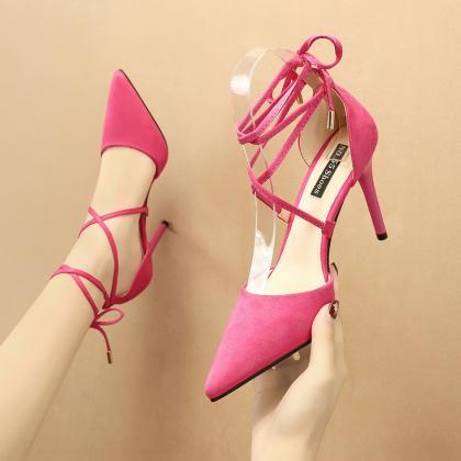 Rose Red Suede Pointed Cross Tie Bow High-heeled..