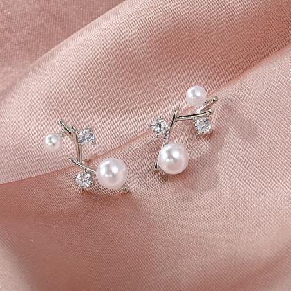 Geometric Pearl Earrings Zircon Branch Earrings