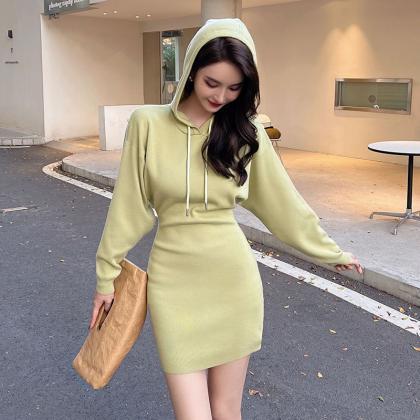 Autumn And Winter Hooded Sweater Short Skirt Wool..
