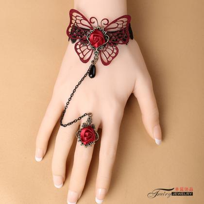 Exquisite Hollow Out Red Butterfly Lace Bracelet..