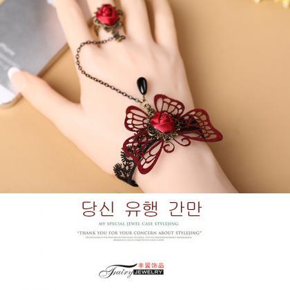 Exquisite Hollow Out Red Butterfly Lace Bracelet..