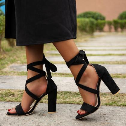 Lace Up Square Peep Toe Sandals Women Sexy Flared..