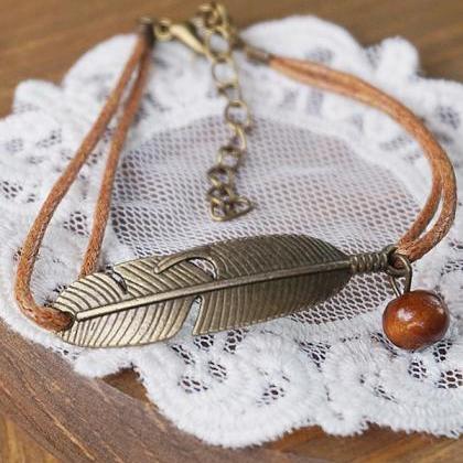 Vintage Alloy Feather Leather String Bracelet