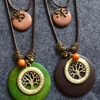 Wood Two-pieces Tree&bowknot Pendant..