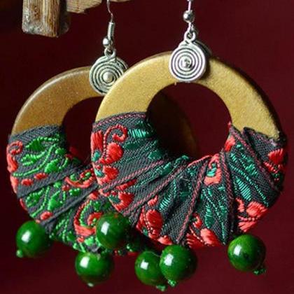 Vintage Wood Cloth Embroidered Earrings-1