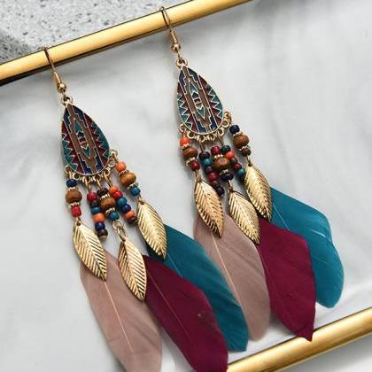 Feather Tassels Beads Chain Earrings