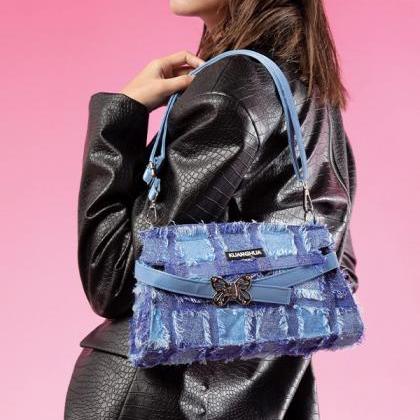 Blue Original Stylish Fringed Plaid Bag