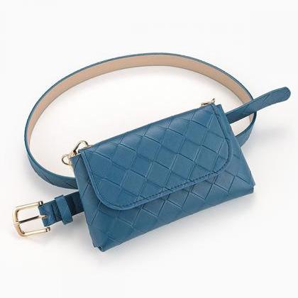 Blue Urban Plaid Pu Solid Color Waist Bag..